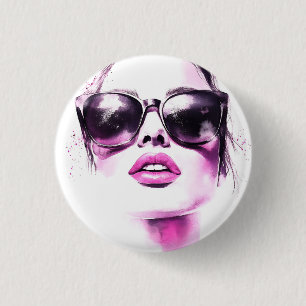 Chique Roze Aquarel Mode Vrouw Zonnebril Ronde Button 3,2 Cm
