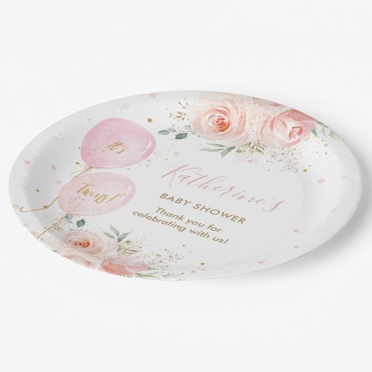 Chique roze ballonnen bloementweeling Baby shower Papieren Bordje (Gekanteld)