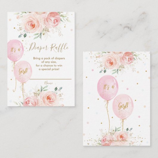 Chique roze ballonnen Blush Bloemen Luier Raffle Informatiekaartje (Voorkant / Achterkant)