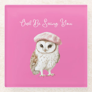 Chique Roze Baret Bruine Witte Uil Tot Geringe Zie Glazen Onderzetter