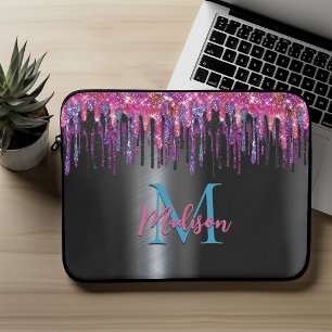 Chique roze blauw zwarte glitters glinsterend mono laptop sleeve