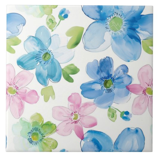 Chique roze blauwe bloemen tegeltje (Voorkant)