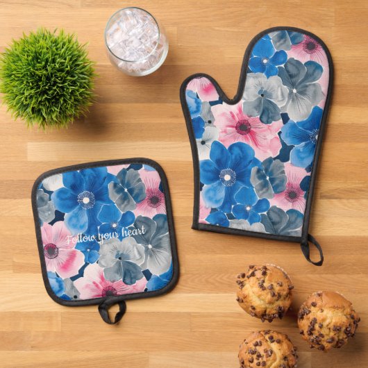 Chique roze blauwe bloemige bruids-shower ovenwant & pannenlap set (Top down)