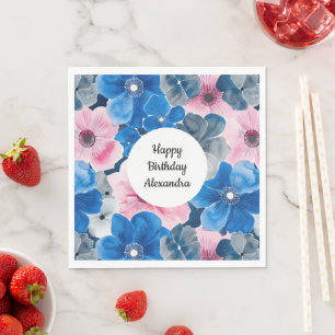 Chique Roze Blauwe Bloemige Verjaardag Servet