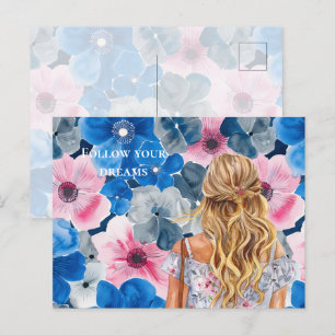 Chique Roze Blauwe Zomer Bloemige Blondine Briefkaart