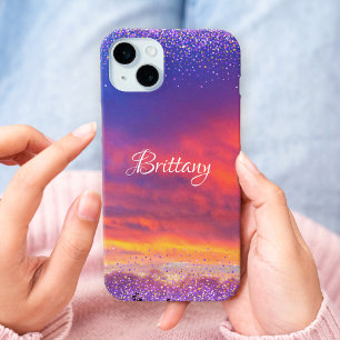 Chique roze blauwe zonsondergang foto confetti aan iPhone 15 plus case