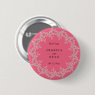 Chique roze bloem- en parel bruiloft cadeautje ronde button 5,7 cm