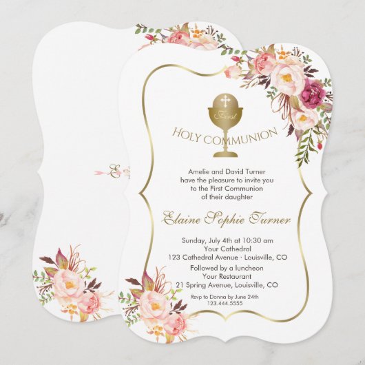Chique Roze Bloem Gouden Kelk Heilige Communie Kaart (Voorkant / Achterkant)