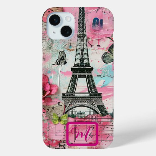 Chique  Roze Bloemen Getrancheerd Scrapbook Paris Case-Mate iPhone Case (Achterkant)