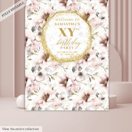 Chique Roze Bloemen Ivoor Goud Verjaardag Fotohokj Wandkleed