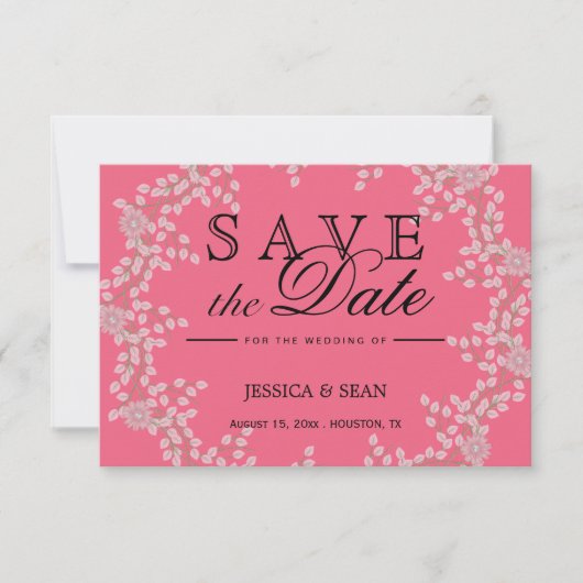 Chique Roze Bloemen & Parels Trouw Save The Date (Voorkant)