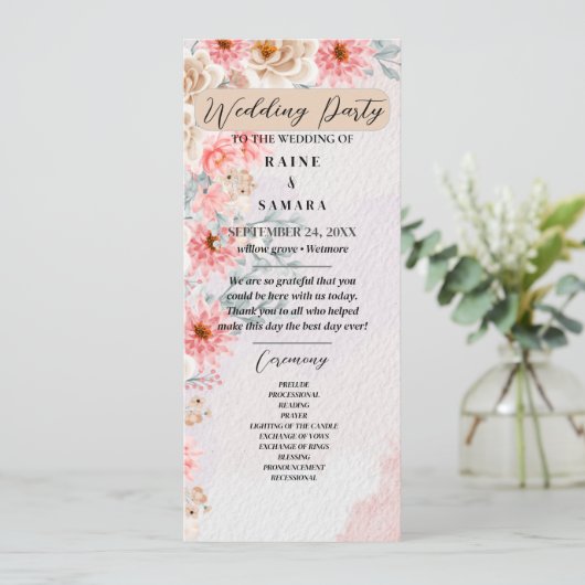 Chique roze bloemenfeestprogramma programmakaart (Staand voorkant)
