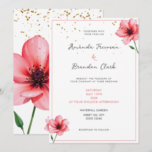 Chique Roze Bloemengekleurde Confetti Frame Bruilo Kaart (Voorkant / Achterkant)