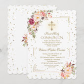 Chique Roze Bloemengoud Eerste Heilige Communie Kaart (Voorkant / Achterkant)