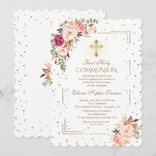 Chique Roze Bloemengoud Eerste Heilige Communie Kaart (Voorkant / Achterkant)