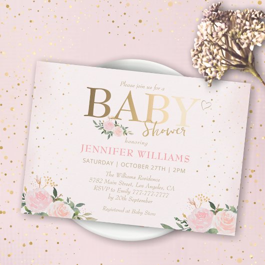 Chique roze bloemengoud meisje Baby shower Kaart