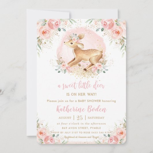 Chique roze bloemenhert Schattige Fawn Meisje Baby Kaart (Voorkant)