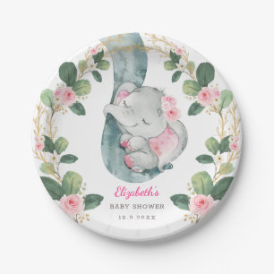 Chique roze bloemenolifant Baby shower meisje Papieren Bordje