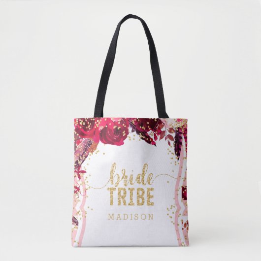 Chique roze bloemenstrepen gouden Confetti bruidst Tote Bag (Voorkant)