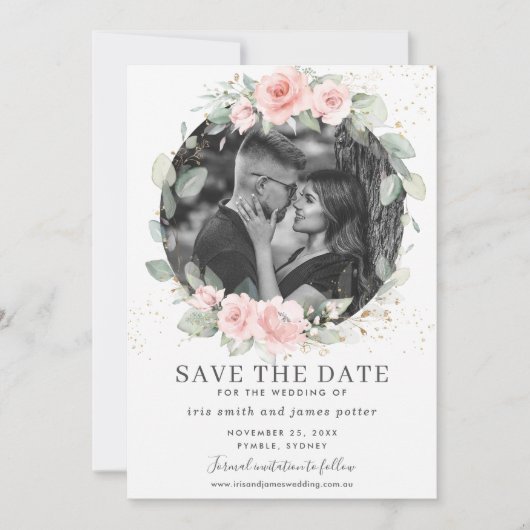 Chique Roze Bloemige Foto Save the Date Kaart (Voorkant)