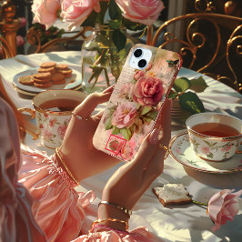 Chique  roze bloemige getransedeerde papyrus iPhone 15 mini hoesje