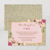 Chique Roze Bloemige Gouden Glitter Bruiloftsrecep Informatiekaartje (Voorkant / Achterkant)