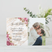 Chique Roze Bloemige Gouden Marmer Save the Dates Date (Staand voorkant)