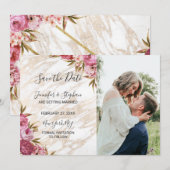 Chique Roze Bloemige Gouden Marmer Save the Dates Date (Voorkant / Achterkant)