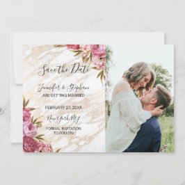 Chique Roze Bloemige Gouden Marmer Save the Dates Date