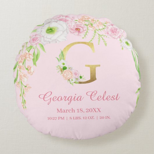 Chique Roze Bloemige Monogram Baby Stats Rond Kussen (Voorkant)