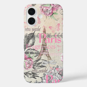 Chique roze bloemige Paris Eiffeltoren typografie iPhone 16 Hoesje