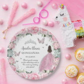 Chique Roze Bloemige Prinses Zilver Quinceañera XV Papieren Bordje (Feest)