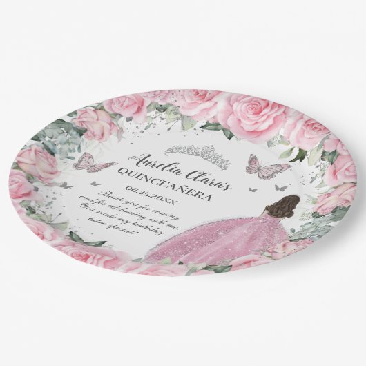 Chique Roze Bloemige Prinses Zilver Quinceañera XV Papieren Bordje (Gekanteld)