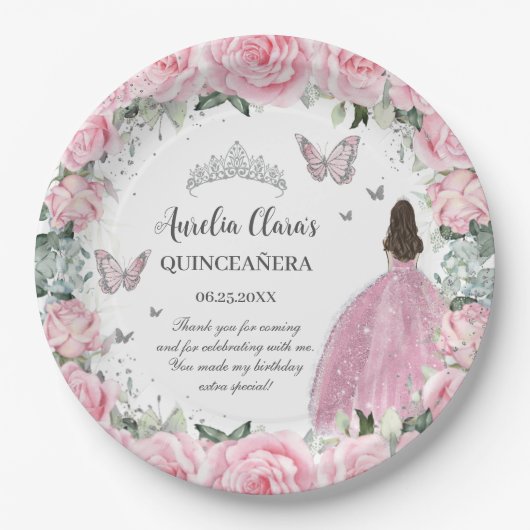 Chique Roze Bloemige Prinses Zilver Quinceañera XV Papieren Bordje (Voorkant)