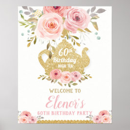 Chique Roze Bloemige Theepartij Verjaardag Verwelk Poster