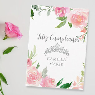 Chique Roze Bloemige Zilveren Tiara Feliz Cumpleañ Kaart