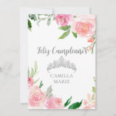 Chique Roze Bloemige Zilveren Tiara Feliz Cumpleañ Kaart (Voorkant)