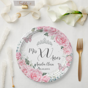 Chique Roze Bloemige Zilveren Vlinders Quinceañera Papieren Bordje