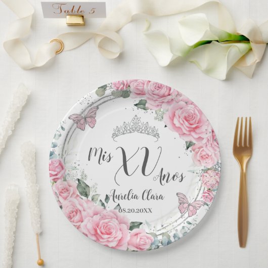 Chique Roze Bloemige Zilveren Vlinders Quinceañera Papieren Bordje (Huwelijk)