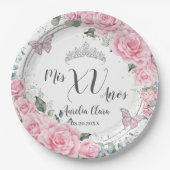 Chique Roze Bloemige Zilveren Vlinders Quinceañera Papieren Bordje (Voorkant)