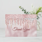 Chique roze blos gouden glitterdruppels bedankkaart (Staand voorkant)
