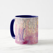 Chique roze blos roze glinster druppels monogram mok (Voorkant links)