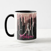 Chique roze blos zwarte druipende monogram mok (Links)