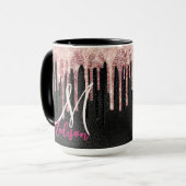 Chique roze blos zwarte druipende monogram mok (Voorkant links)