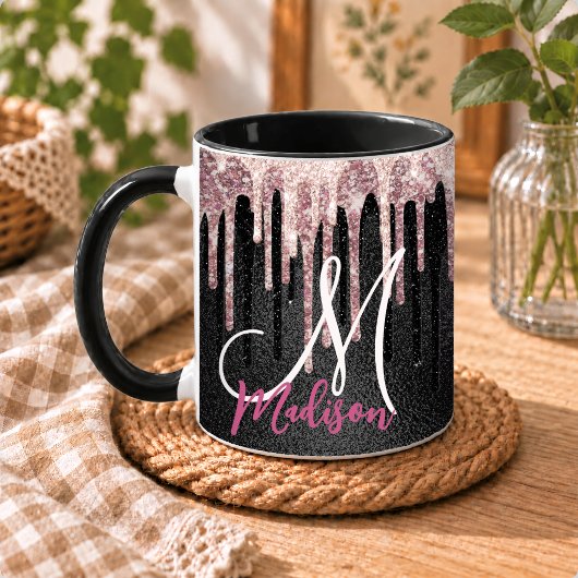 Chique roze blos zwarte druipende monogram mok