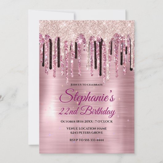 Chique roze blozende roze druipend monogram notiti kaart (Voorkant)