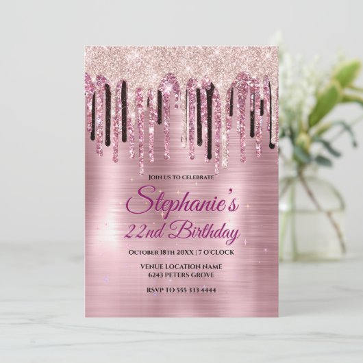 Chique roze blozende roze druipend monogram notiti kaart (Staand voorkant)