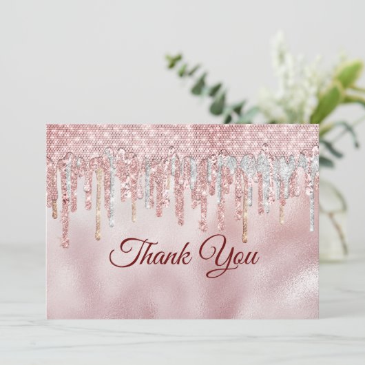 Chique roze blush gouden glitters druppels bedankkaart (Staand voorkant)