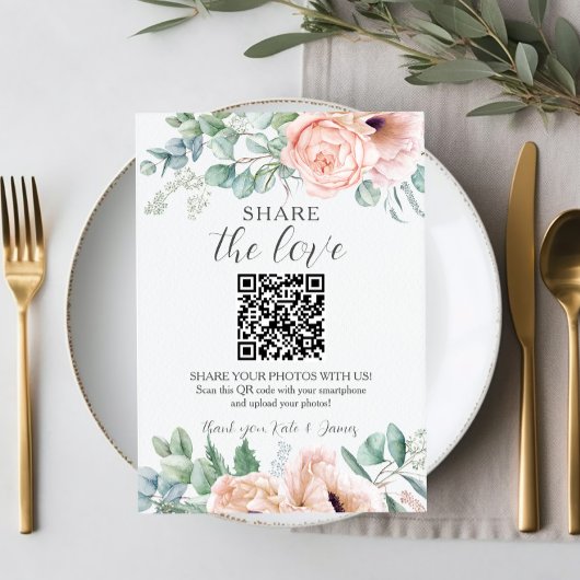 Chique Roze Blush Roos Bloemen Bruiloft QR Share F Bedankkaart