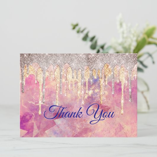 Chique roze blush roze holografische druppels bedankkaart (Staand voorkant)